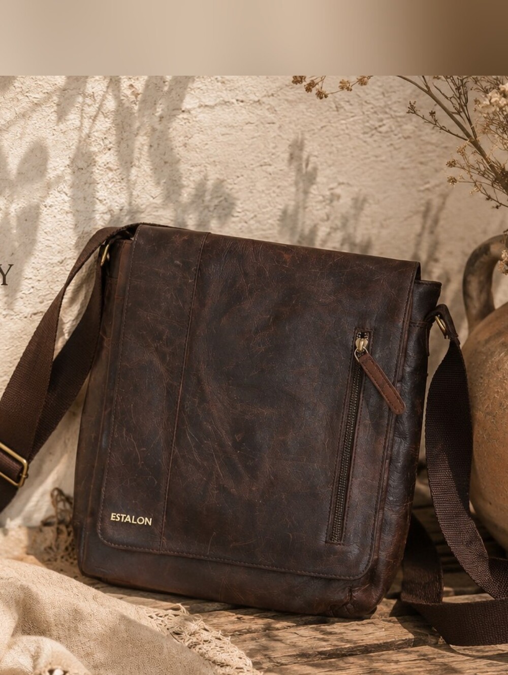 ESTALON Dark Brown Leather Messenger Bag for Men